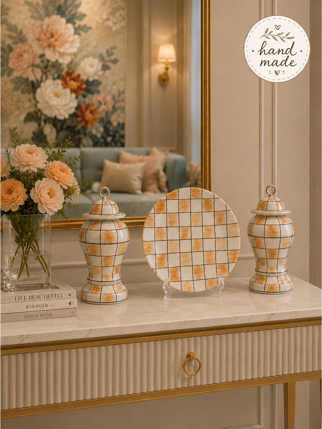 Dekoratif Obje, Hand Made El İşi Salon Seti Şah Kapaklı Tabak Damalı Kahverengi Gümüş