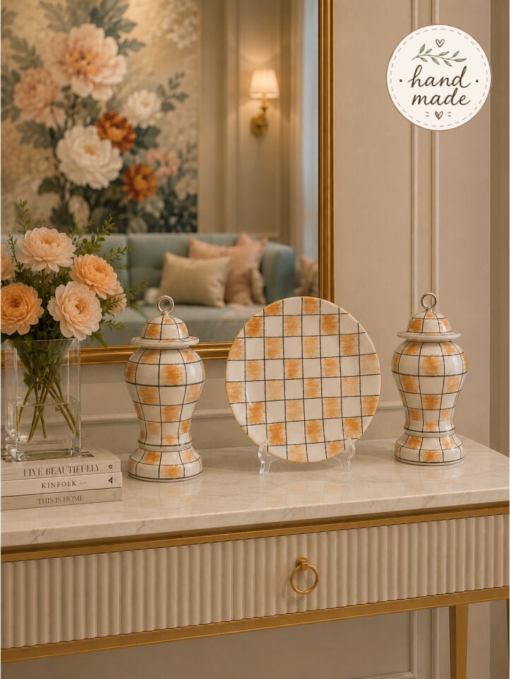 Dekoratif Obje, Hand Made El İşi Salon Seti Şah Kapaklı Tabak Damalı Kahverengi GÜMÜŞ
