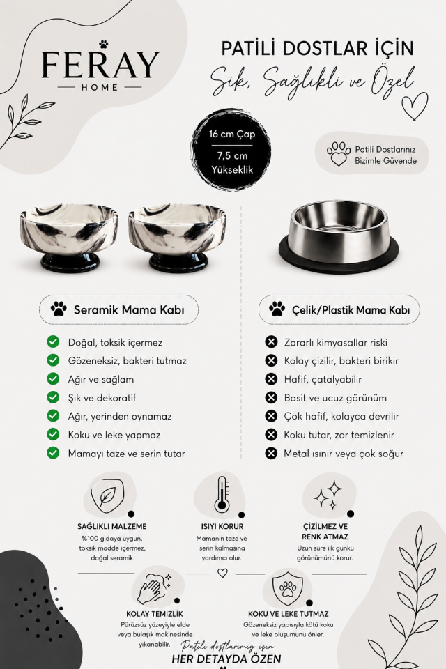 Mama Kabı Kedi ve Köpek Ayaklı 2 li Seramik Doğal Mama ve Su Kabı Siyah Marble