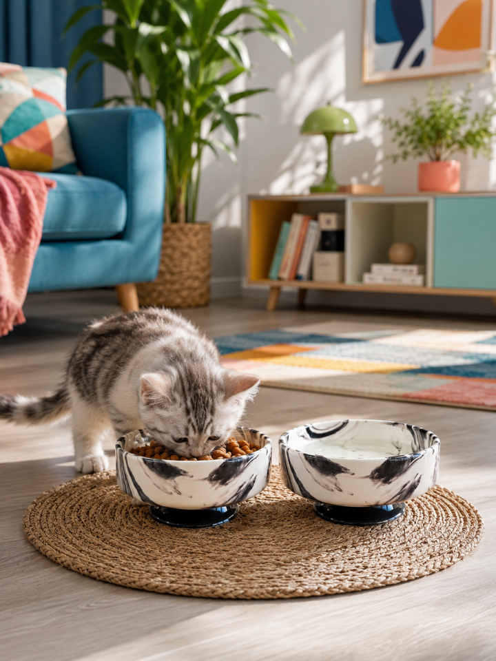 Mama Kabı Kedi ve Köpek Ayaklı 2 li Seramik Doğal Mama ve Su Kabı Siyah Marble