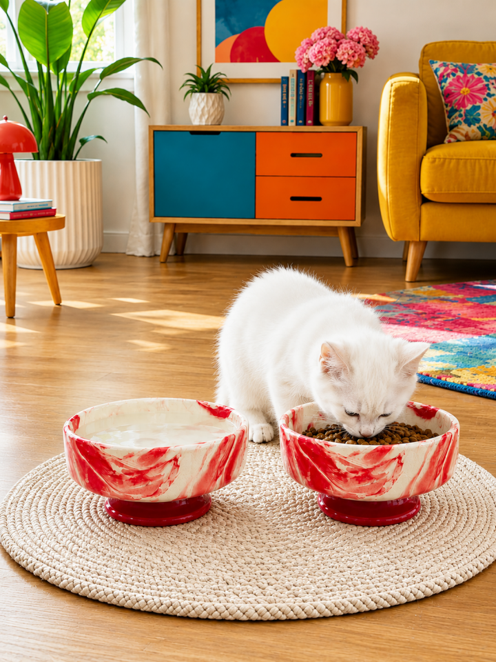 Mama Kabı Kedi ve Köpek Ayaklı 2 li Seramik Doğal Mama ve Su Kabı Kırmızı Marble