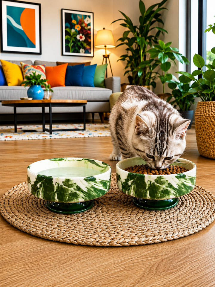 Mama Kabı Kedi ve Köpek Ayaklı 2 li Seramik Doğal Mama ve Su Kabı Yeşil Marble