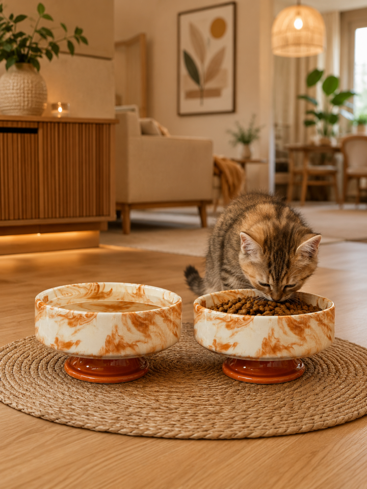 Mama Kabı Kedi ve Köpek Ayaklı 2 li Seramik Doğal Mama ve Su Kabı Kahverengi Marble