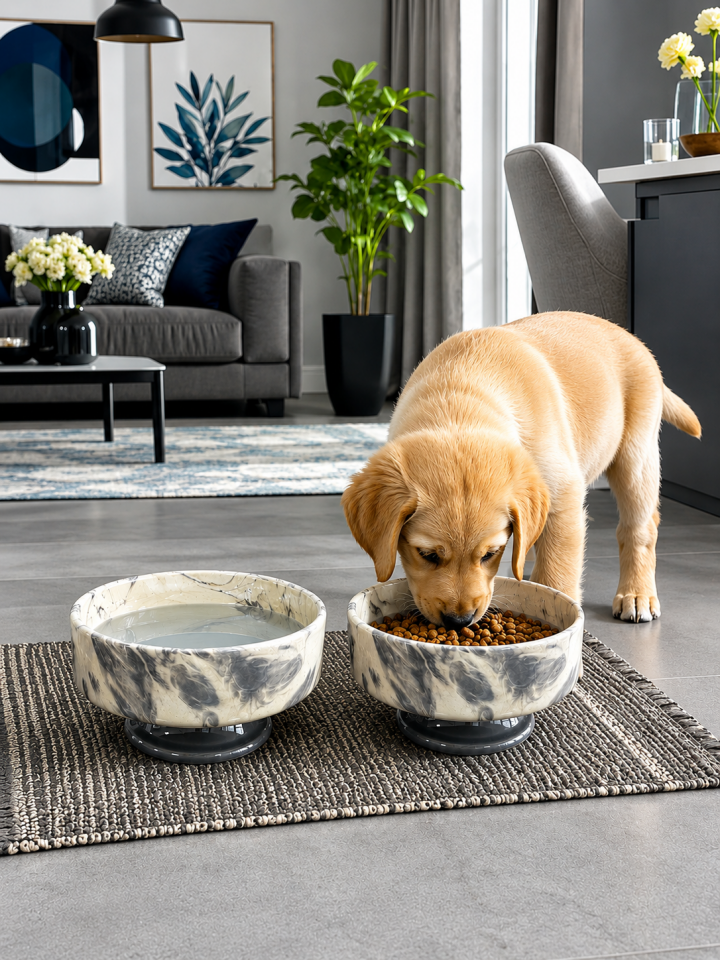 Mama Kabı Kedi ve Köpek Ayaklı 2 li Seramik Doğal Mama ve Su Kabı Gri Marble