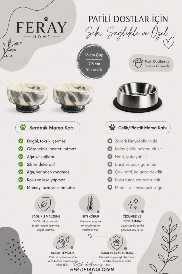 Mama Kabı Kedi ve Köpek Ayaklı 2 li Seramik Doğal Mama ve Su Kabı Gri Marble