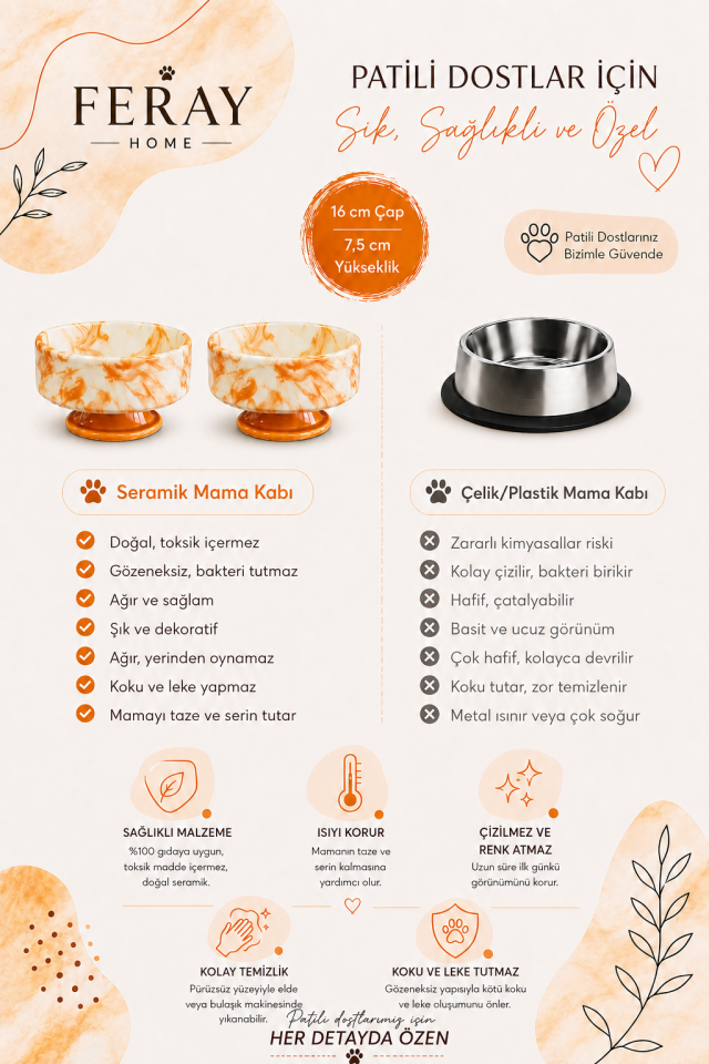 Mama Kabı Kedi ve Köpek Ayaklı 2 li Seramik Doğal Mama ve Su Kabı Soft Sarı Marble