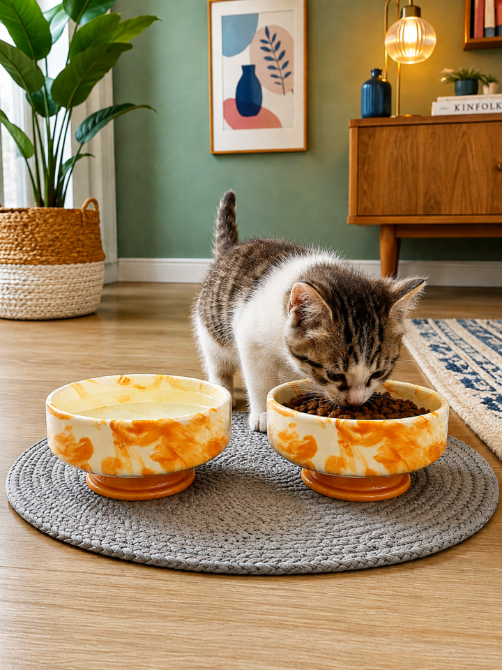Mama Kabı Kedi ve Köpek Ayaklı 2 li Seramik Doğal Mama ve Su Kabı Soft Sarı Marble