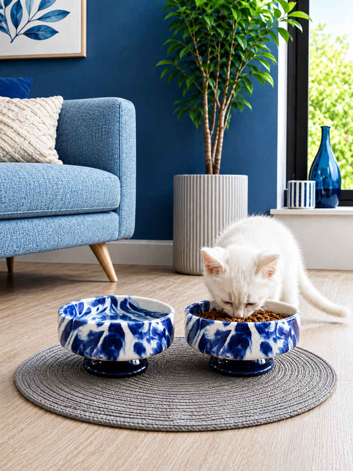 Mama Kabı Kedi ve Köpek Ayaklı 2 li Seramik Doğal Mama ve Su Kabı Lacivert Marble