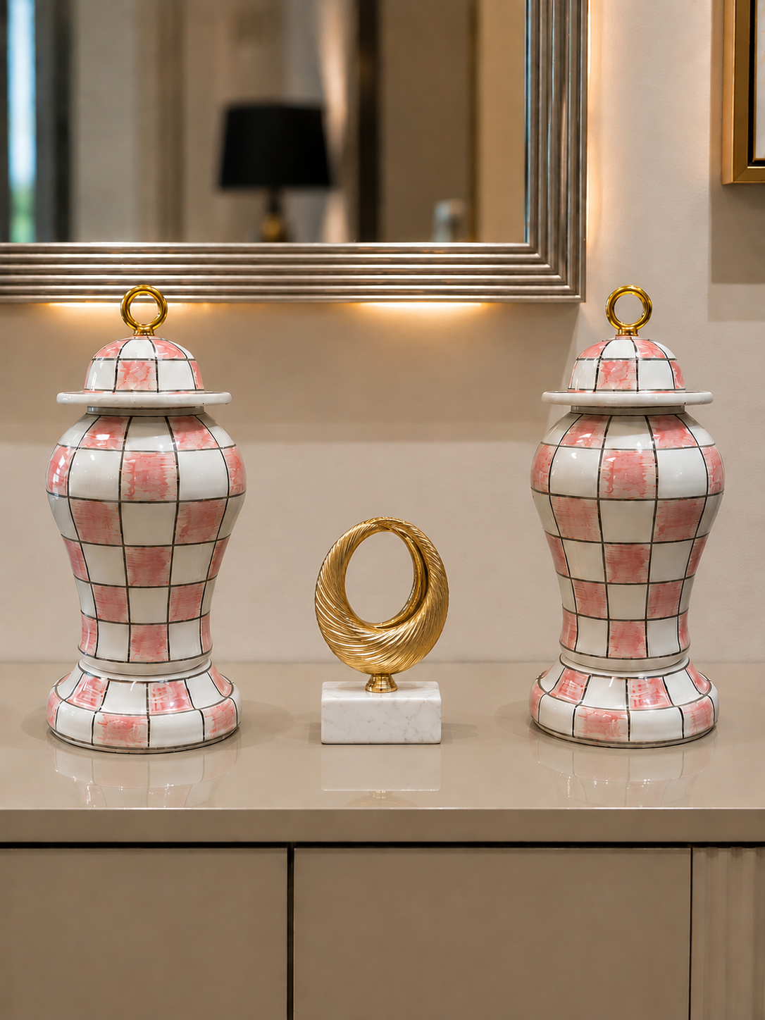Salon Seti - Pembe Damalı Dekoratif Obje Çan Şah Küp Gold – görsel 2