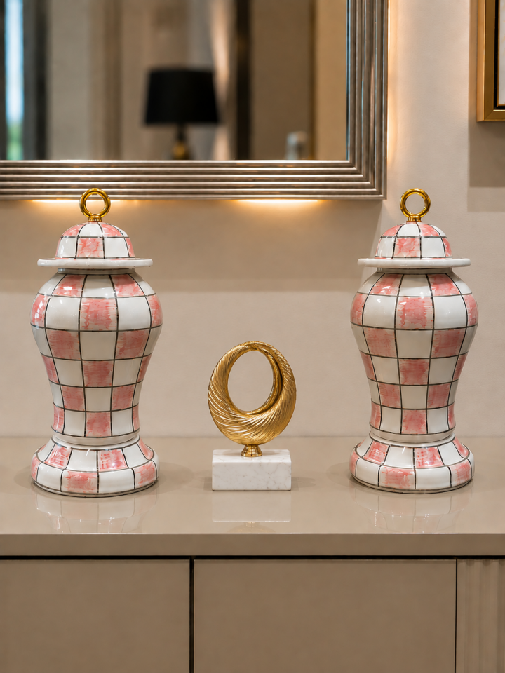 Salon Seti - Pembe Damalı Dekoratif Obje Çan Şah Küp Gold