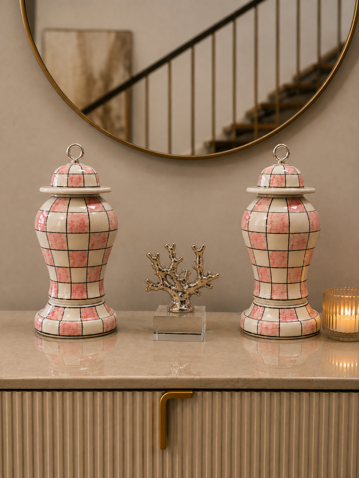 Salon Seti - Pembe Damalı Dekoratif Obje Çan Şah Küp Gümüş
