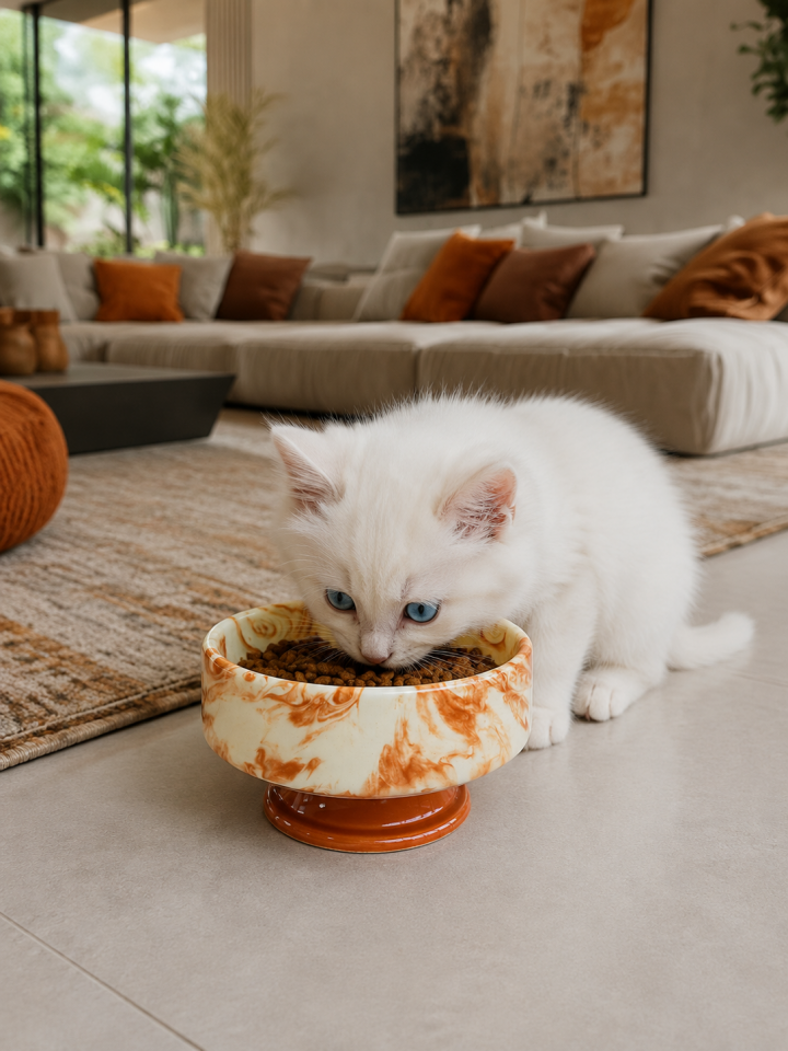 Mama Kabı Kedi ve Köpek 1 Adet Doğal Mama veya Su Kabı Kahverengi Marble