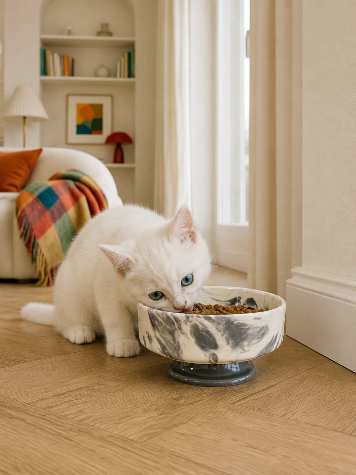 Mama Kabı Kedi ve Köpek 1 Adet Doğal Mama veya Su Kabı Gri Marble