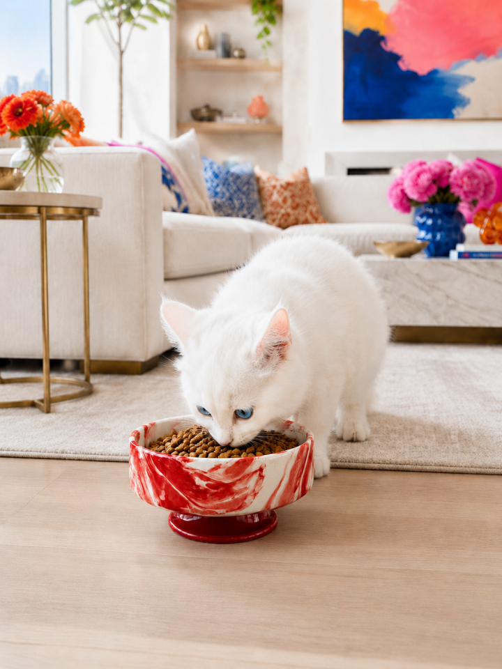 Mama Kabı Kedi ve Köpek 1 Adet Doğal Mama veya Su Kabı Kırmızı Marble