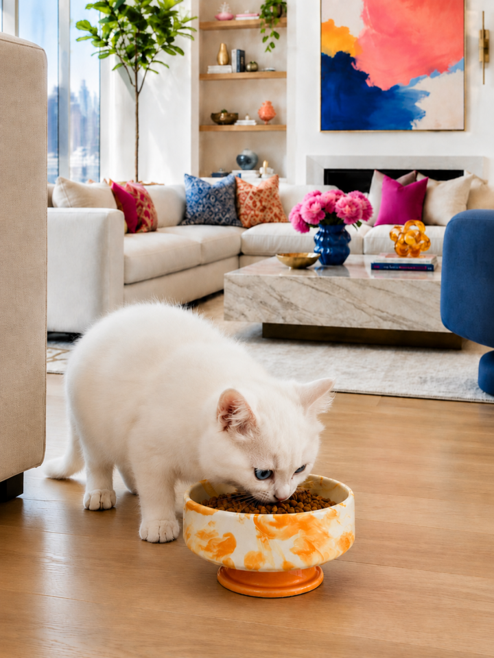 Mama Kabı Kedi ve Köpek 1 Adet Doğal Mama veya Su Kabı Soft Sarı Marble
