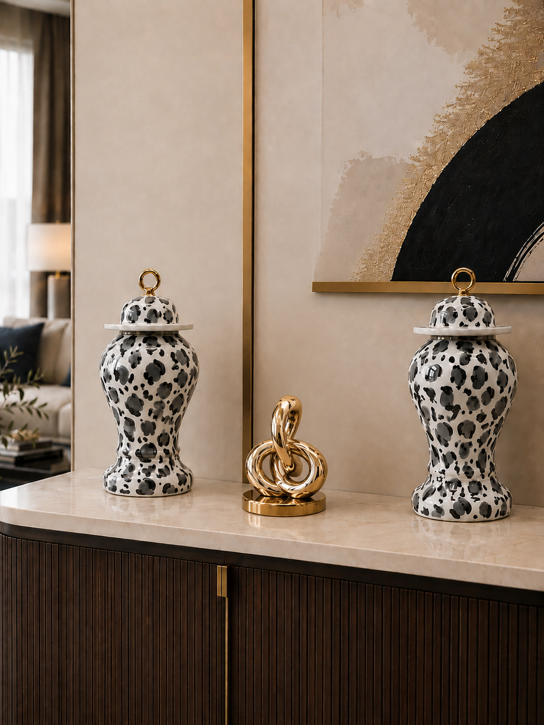 Salon Seti - Kaideli Şah Küp 2 li Damalı Gri Leopar Gold – görsel 2