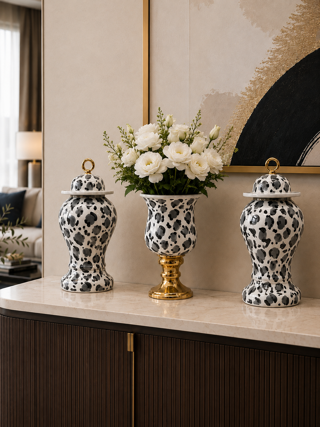Salon Seti - Kaideli Şah Küp 2 li Damalı Gri Leopar Gold