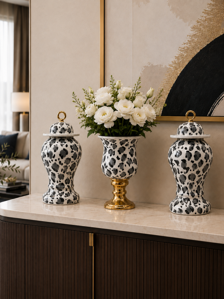 Salon Seti - Kaideli Şah Küp 2 li Damalı Gri Leopar Gold