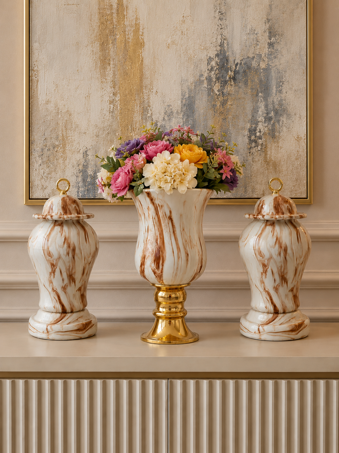 Salon Seti - Dekoratif Obje Kaideli Şah Küp Ayaklı Çan Kahverengi Marble Gold