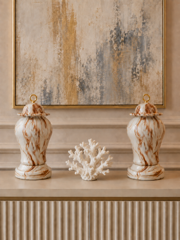 Salon Seti - Dekoratif Obje Kaideli Şah Küp Ayaklı Çan Kahverengi Marble Gold