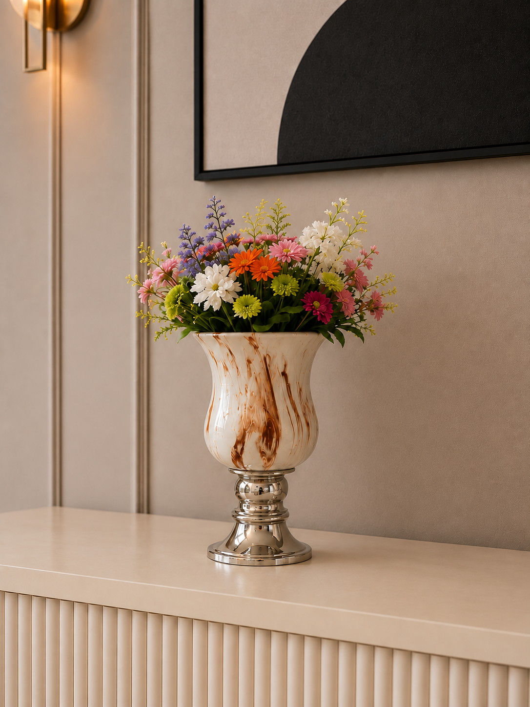 Salon Seti - Dekoratif Obje Kaideli Şah Küp Ayaklı Çan Kahverengi Marble Gümüş – görsel 3