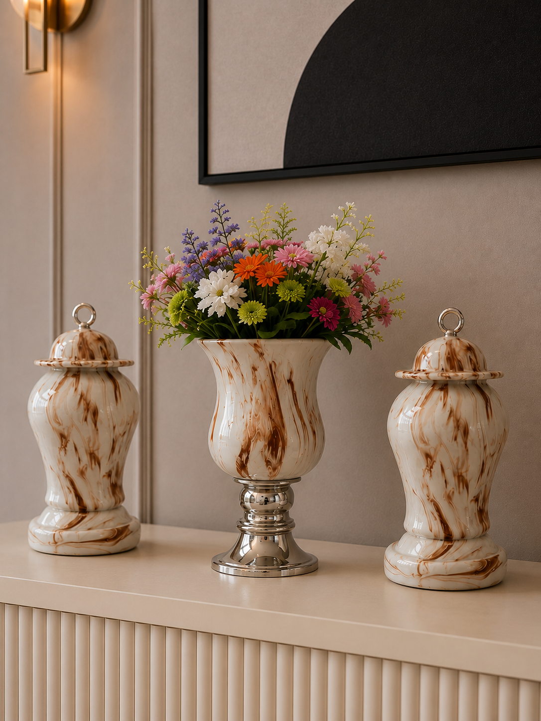 Salon Seti - Dekoratif Obje Kaideli Şah Küp Ayaklı Çan Kahverengi Marble Gümüş