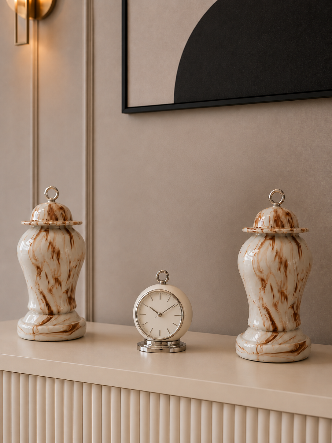 Salon Seti - Dekoratif Obje Kaideli Şah Küp Ayaklı Çan Kahverengi Marble Gümüş – görsel 2