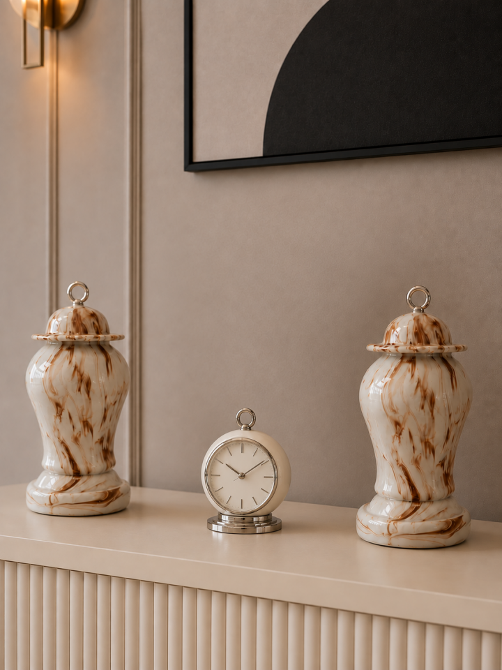 Salon Seti - Dekoratif Obje Kaideli Şah Küp Ayaklı Çan Kahverengi Marble GÜMÜŞ